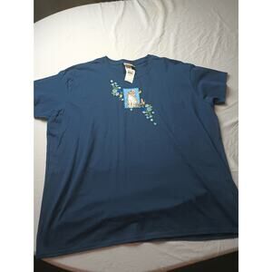 Top Stitch by Morning Sun Floral Cat Graphic T-shirt Blue Women Size 3X NWT
